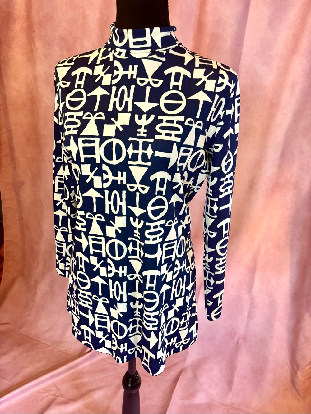 Vintage 60s 70s Aileen Mod Graphic Geometric Hieroglyphic Mock Neck Tunic Dress